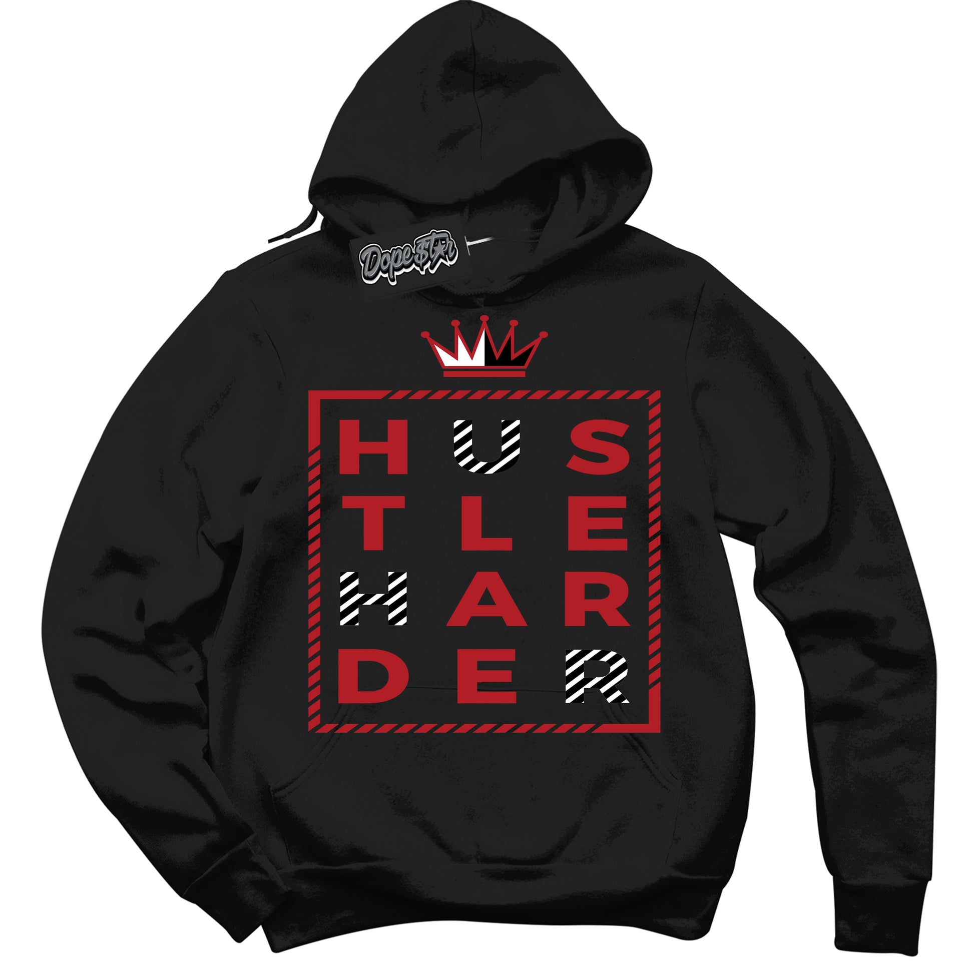 Cool Black Hoodie with “Hustle Harder” design that Perfectly Matches Black Toe Reimagined 1s Jordans.
