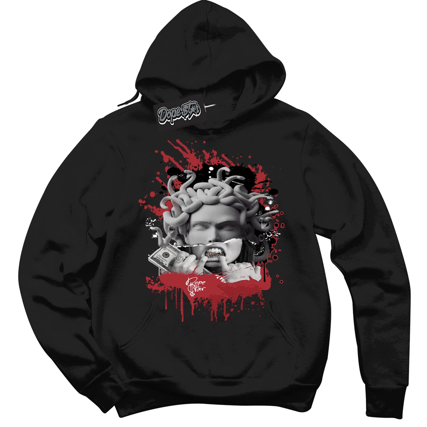 Cool Black Hoodie with “Medusa” design that Perfectly Matches Black Toe Reimagined 1s Jordans.
