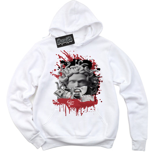 Cool White Hoodie with “Medusa” design that Perfectly Matches Black Toe Reimagined 1s Jordans.
