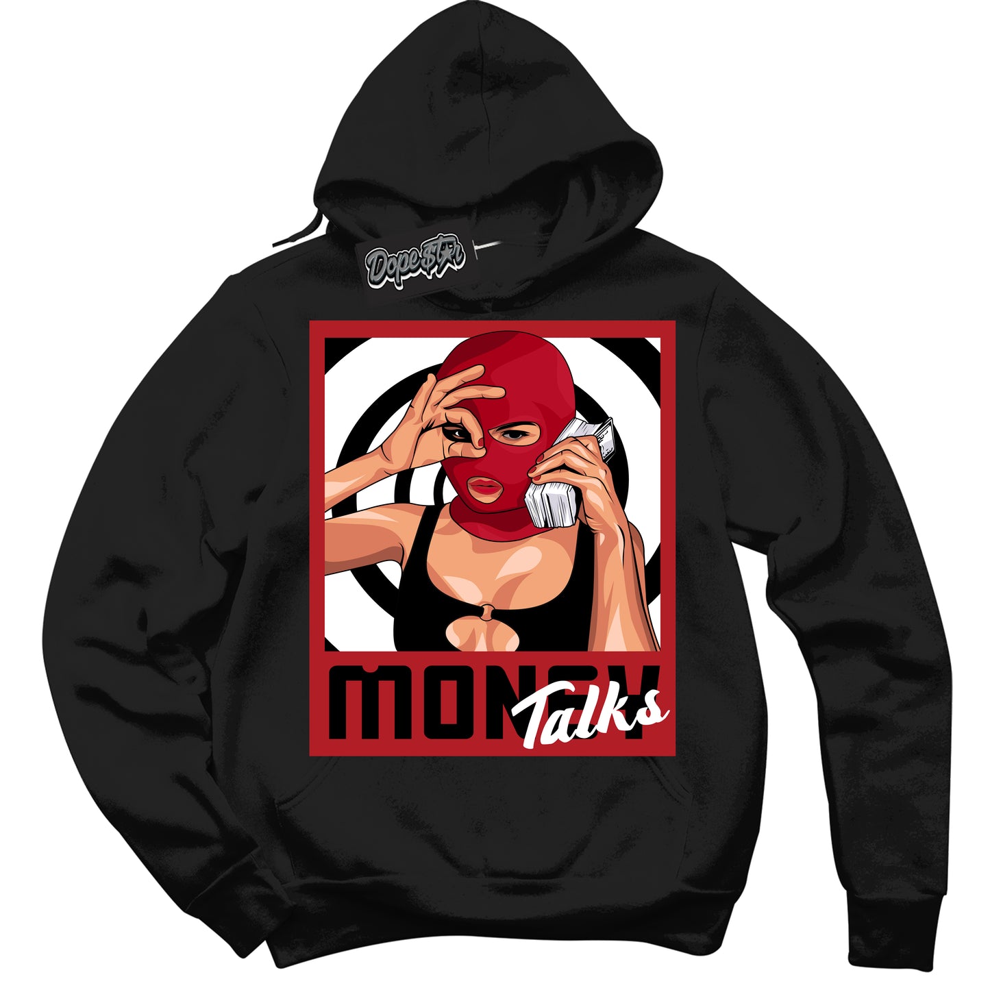 Cool Black Hoodie with “Money Talks” design that Perfectly Matches Black Toe Reimagined 1s Jordans.
