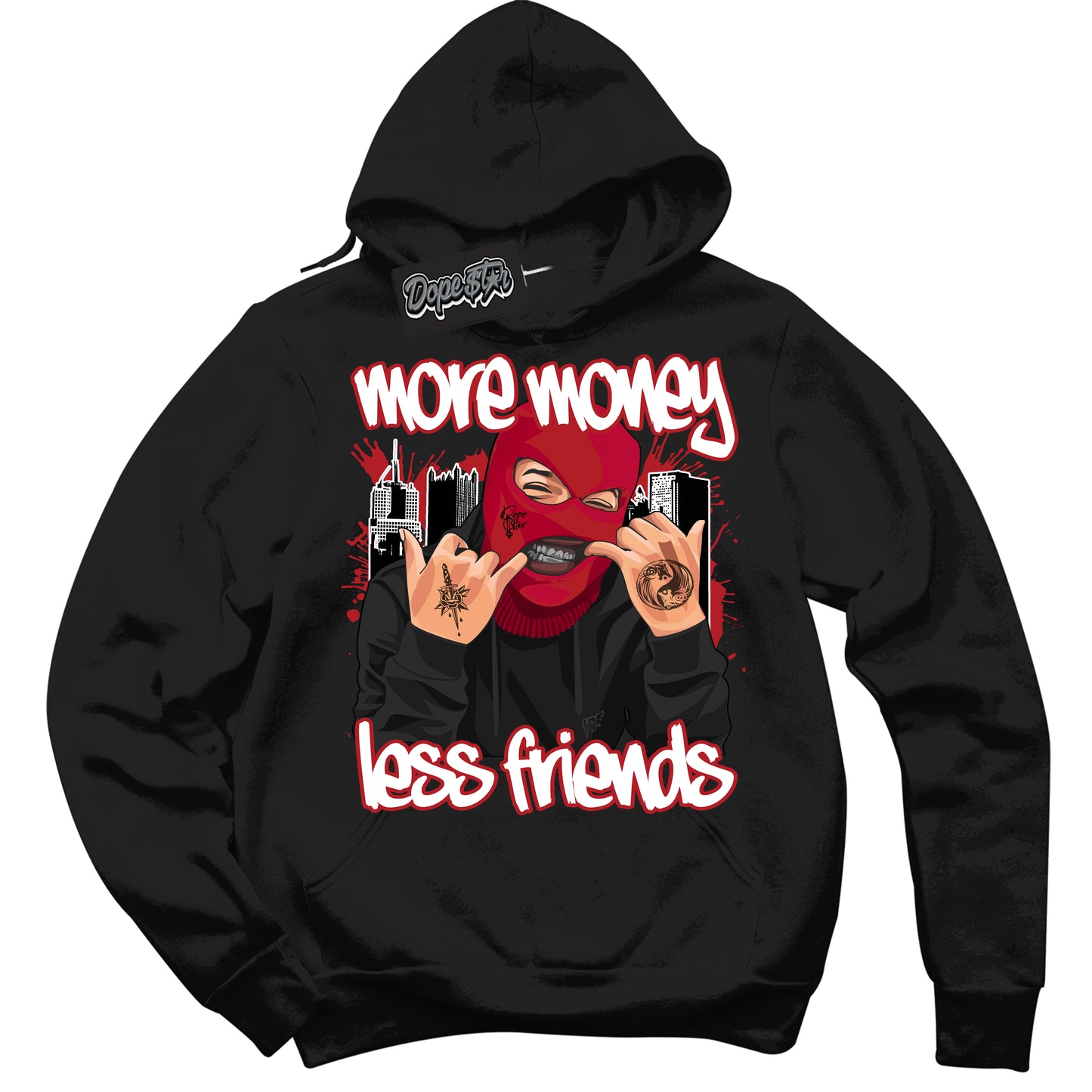 Cool Black Hoodie with “More Money Less Friends” design that Perfectly Matches Black Toe Reimagined 1s Jordans.
