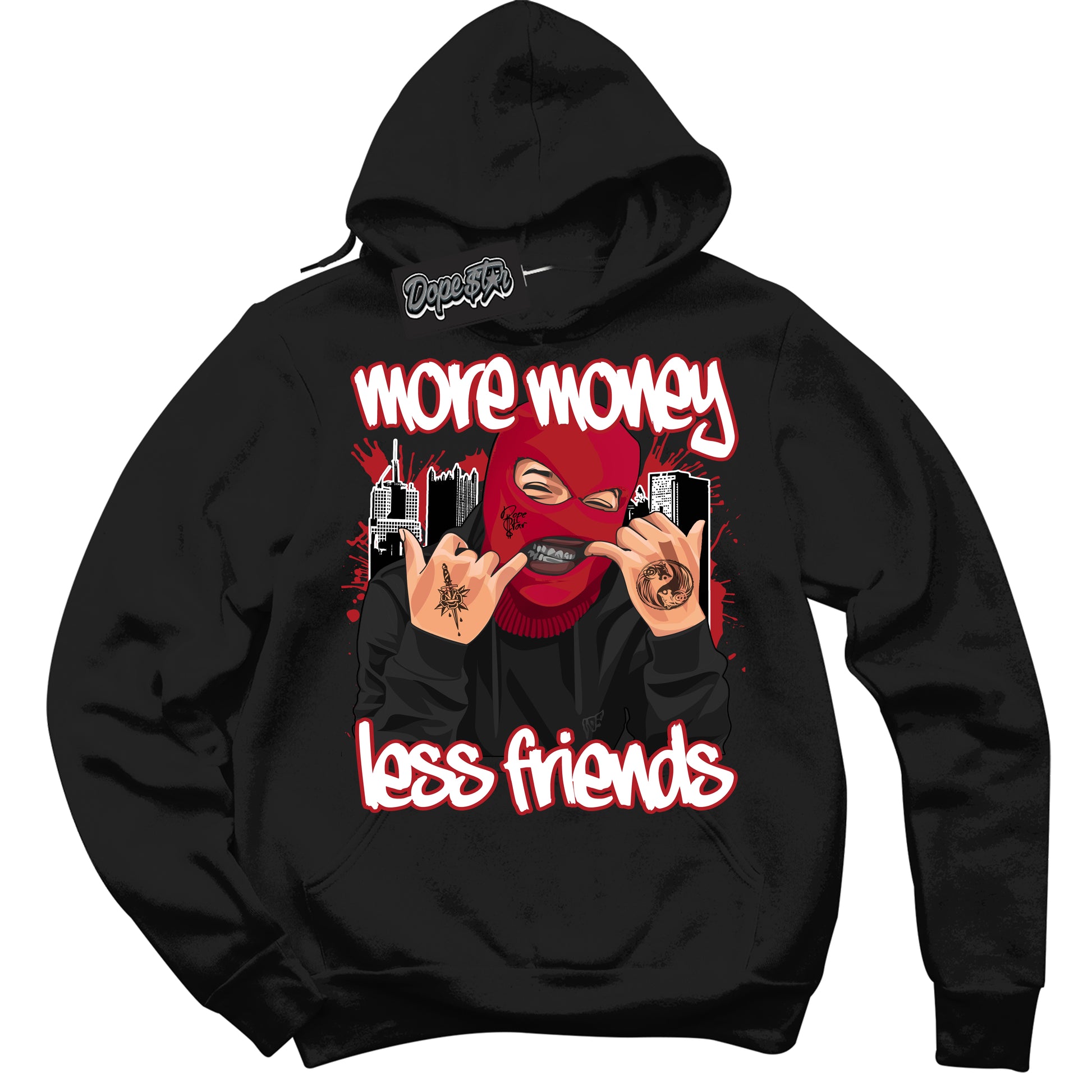 Cool Black Hoodie with “More Money Less Friends” design that Perfectly Matches Black Toe Reimagined 1s Jordans.
