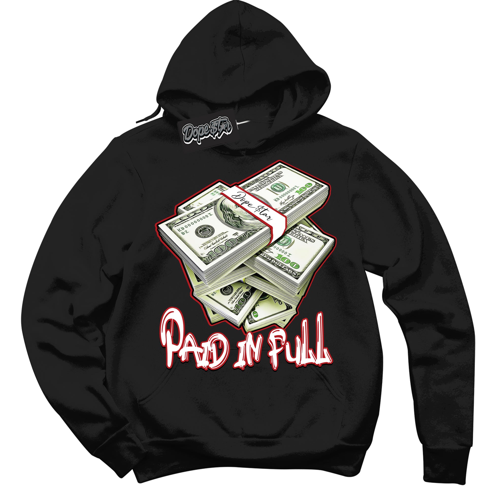 Cool Black Hoodie with “Paid In Full” design that Perfectly Matches Black Toe Reimagined 1s Jordans.

