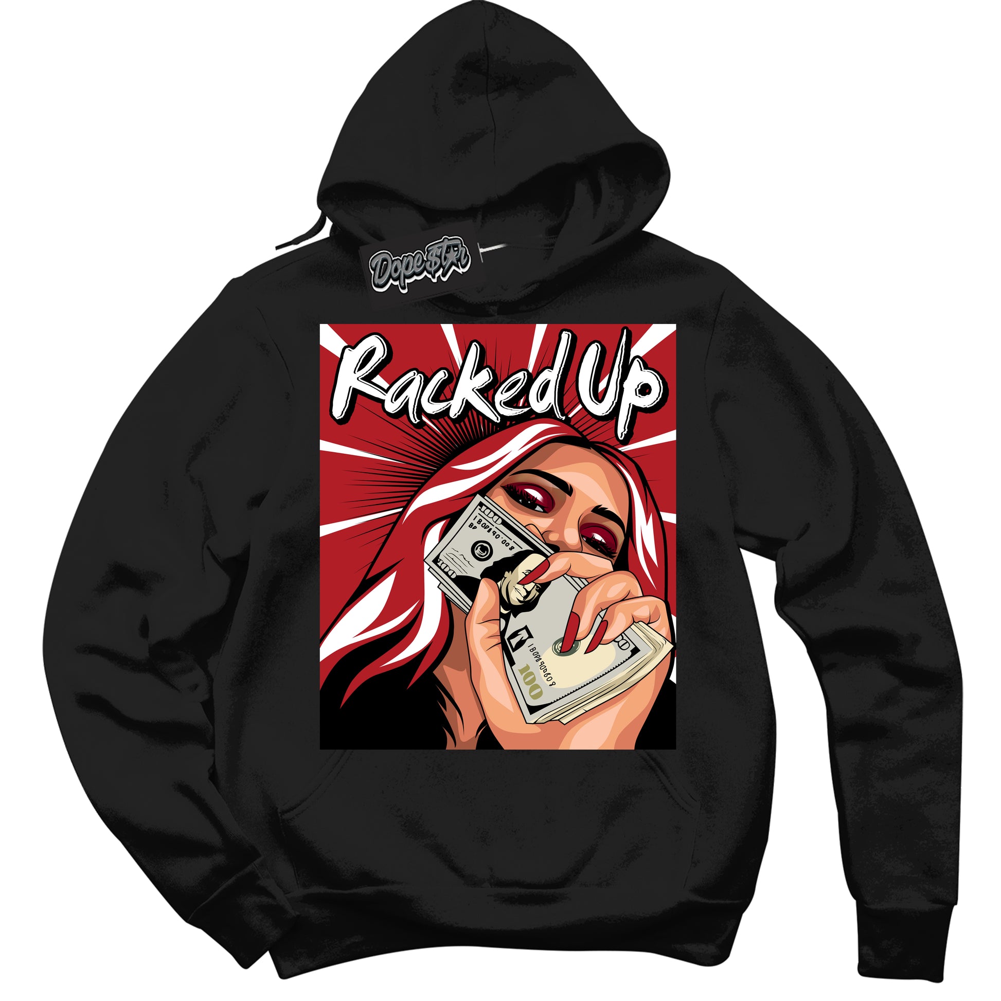 Cool Black Hoodie with “Racked Up” design that Perfectly Matches Black Toe Reimagined 1s Jordans.