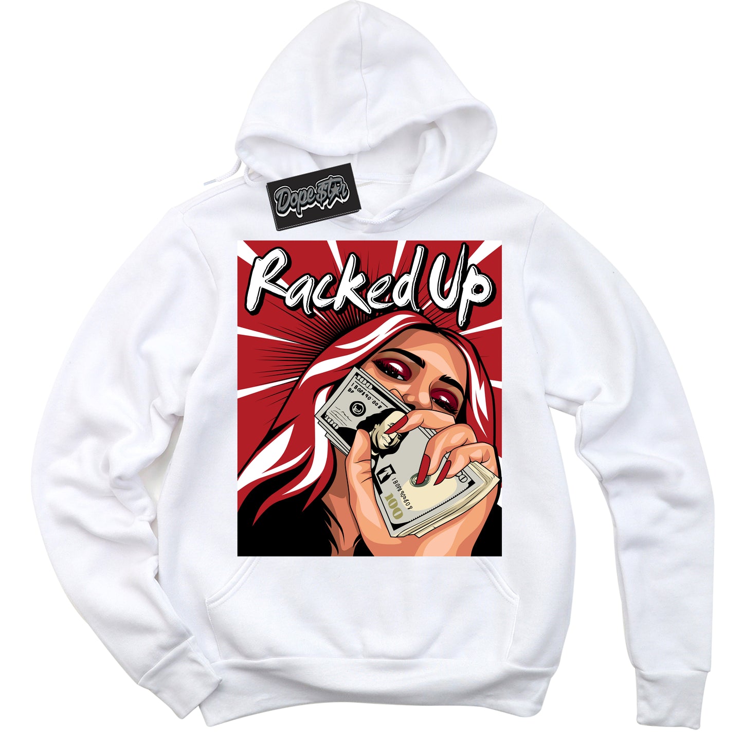 Cool White Hoodie with “Racked Up” design that Perfectly Matches Black Toe Reimagined 1s Jordans.
