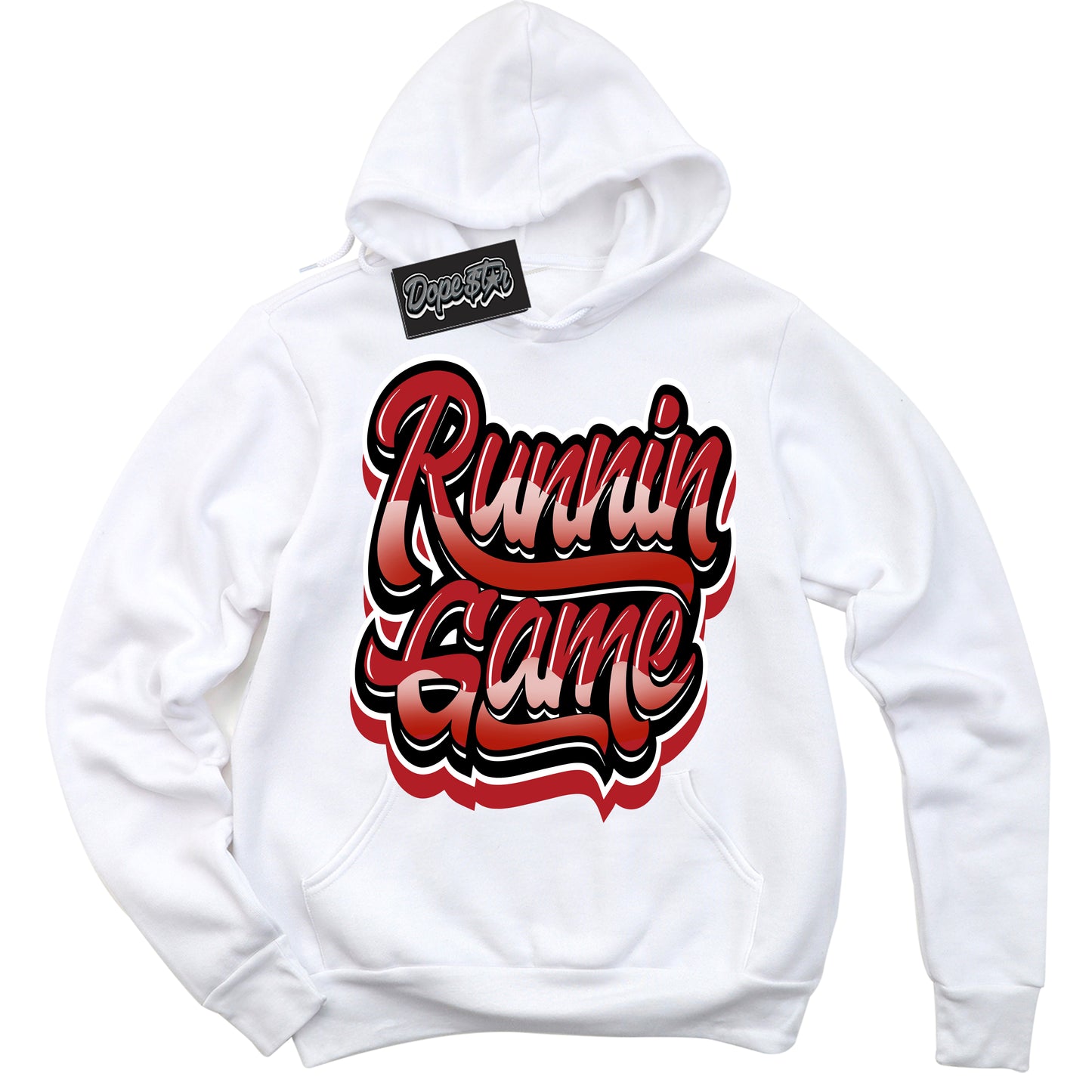 Cool White Hoodie with “Running Game” design that Perfectly Matches Black Toe Reimagined 1s Jordans.