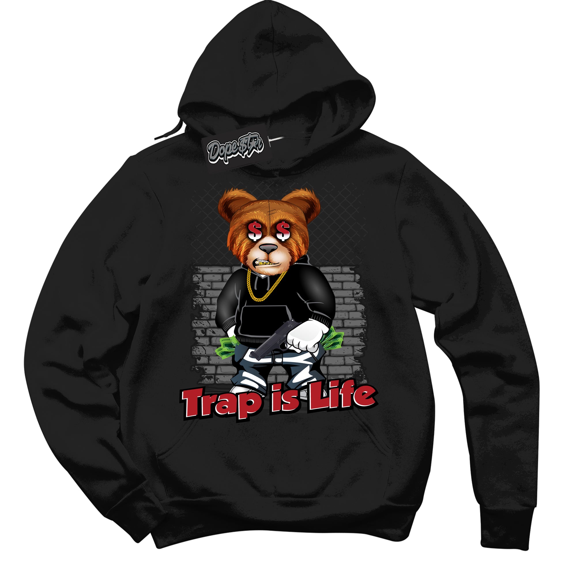 Cool Black Hoodie with “Trap Is Life” design that Perfectly Matches Black Toe Reimagined 1s Jordans.
