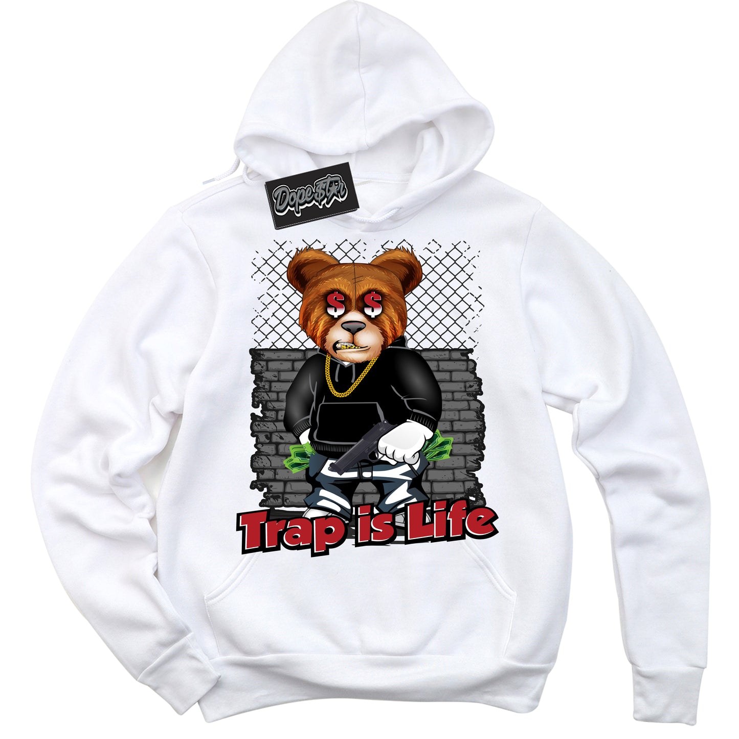 Cool White Hoodie with “Trap Is Life” design that Perfectly Matches Black Toe Reimagined 1s Jordans.
