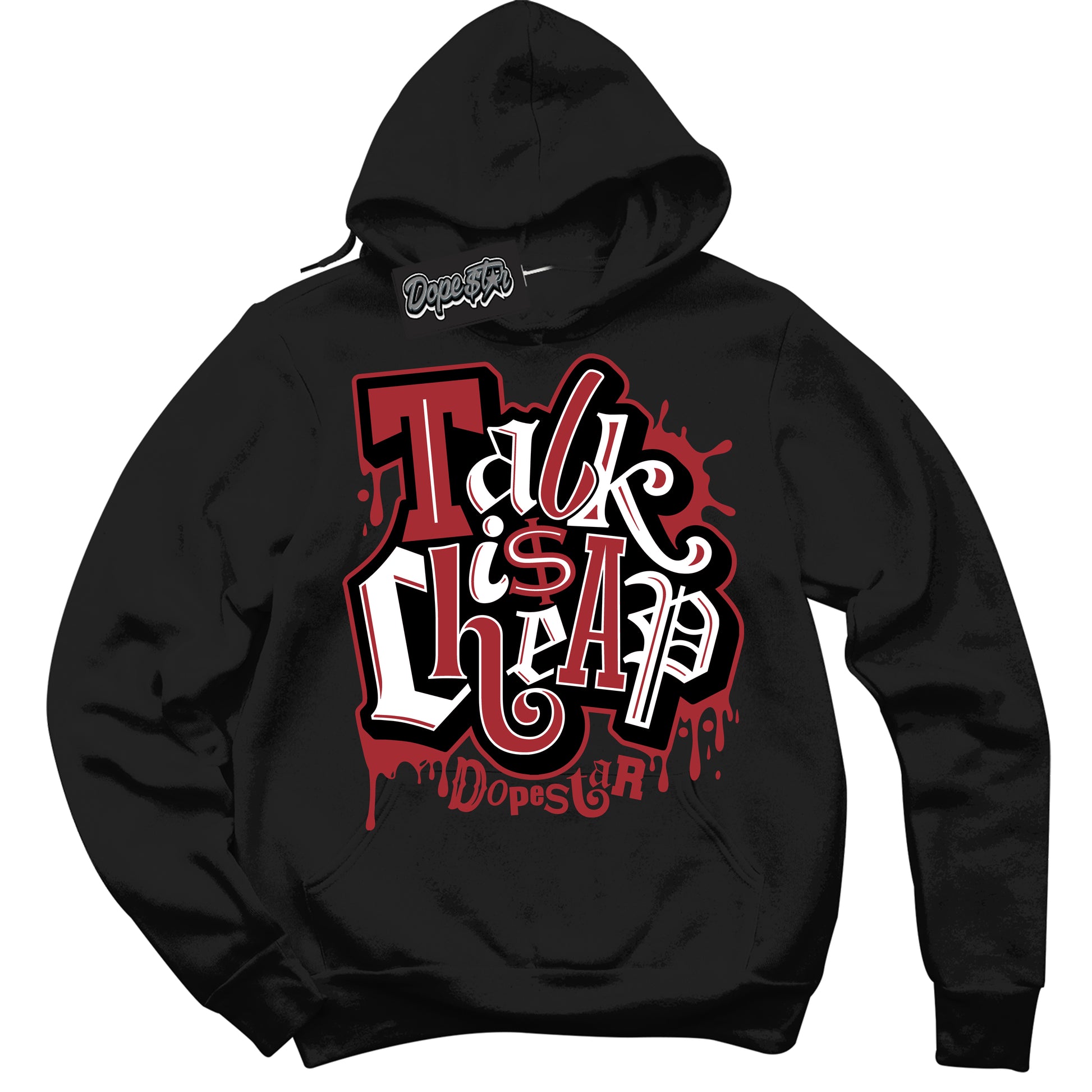 Cool Black Hoodie with “Talk Is Cheap” design that Perfectly Matches Black Toe Reimagined 1s Jordans.
