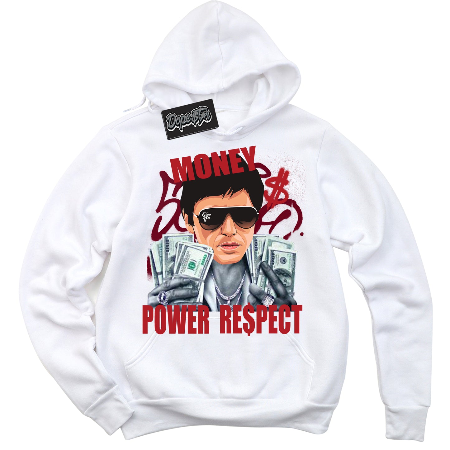 Cool White Hoodie with “Tony Montana” design that Perfectly Matches Black Toe Reimagined 1s Jordans.
