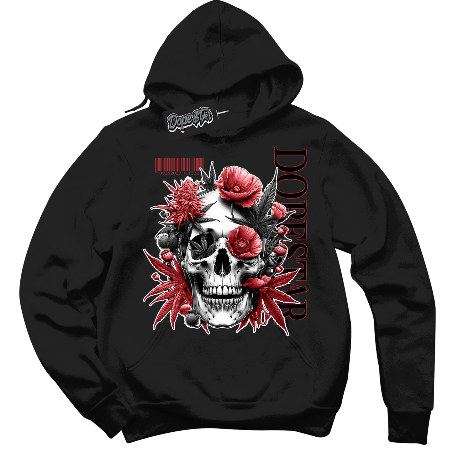 Cool Black Hoodie with “Skull Poppies” design that Perfectly Matches Black Toe Reimagined 1s Jordans.

