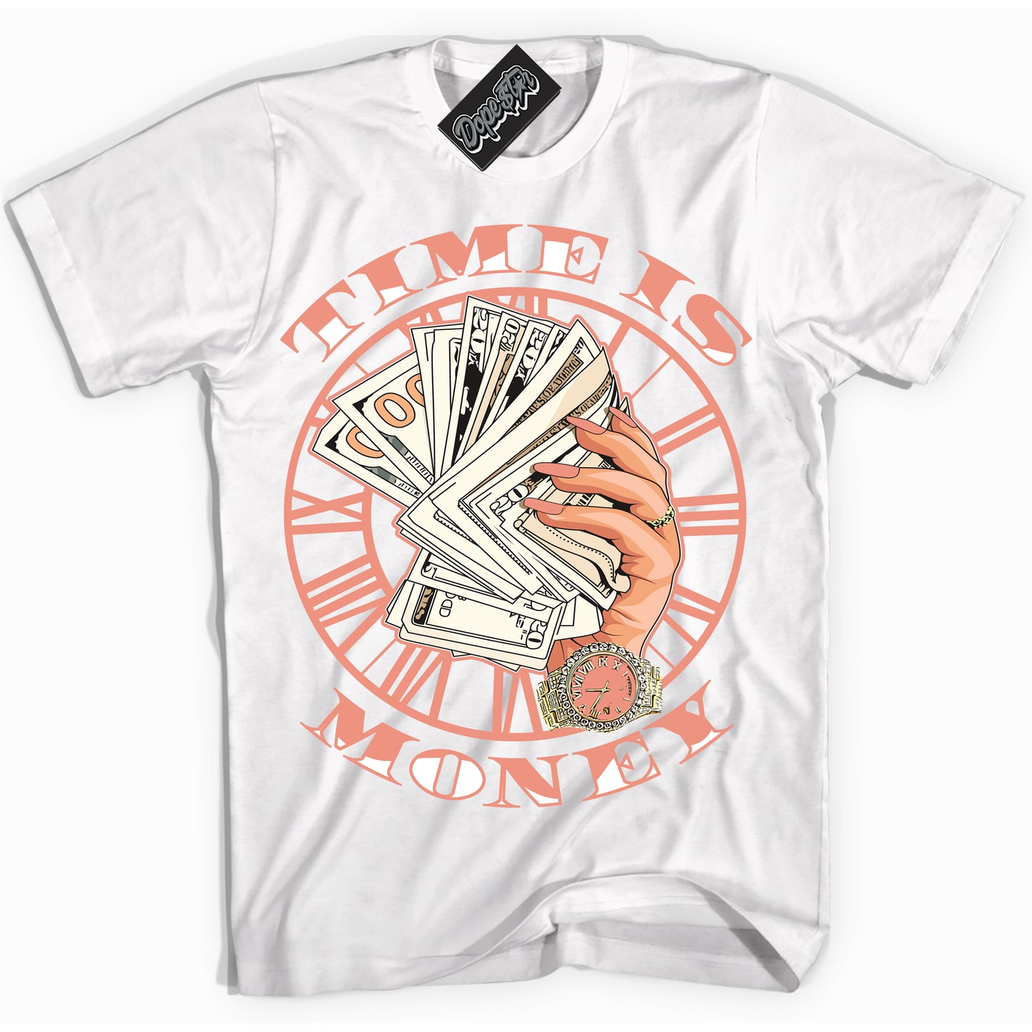 Cool White Shirt with “Time Is Money” design that perfectly matches Light Wild Mango Dunk.
