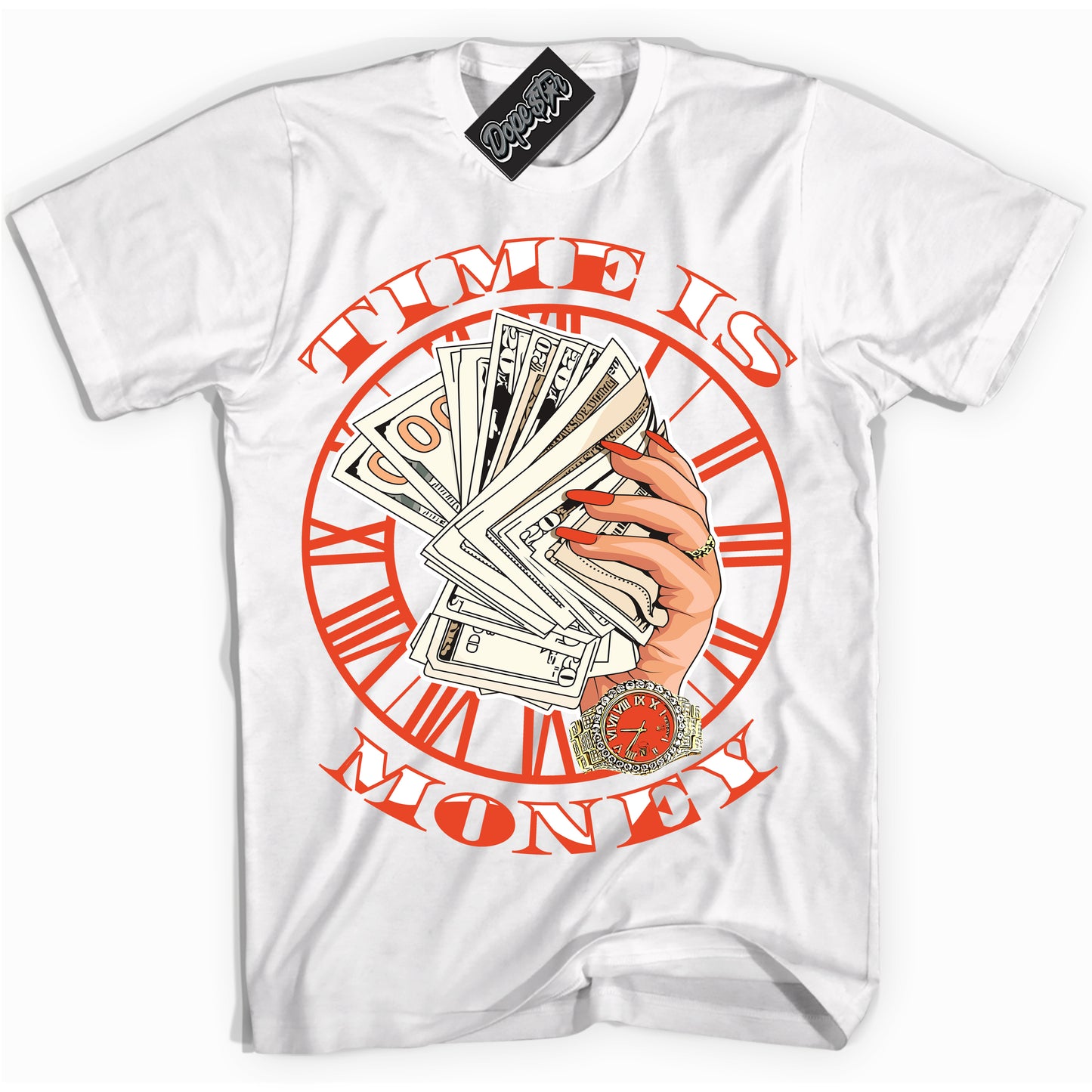 Cool White Shirt with “Time Is Money” design that perfectly matches Cosmic Clay Dunk.
