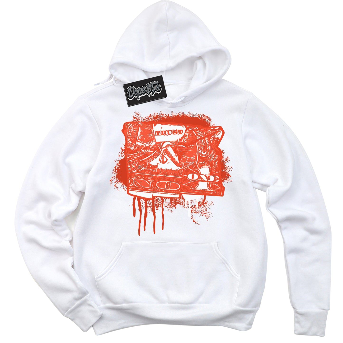 Cool White Hoodie with “Trust No One Dollar” design that Perfectly Matches Cosmic Clay Dunk.