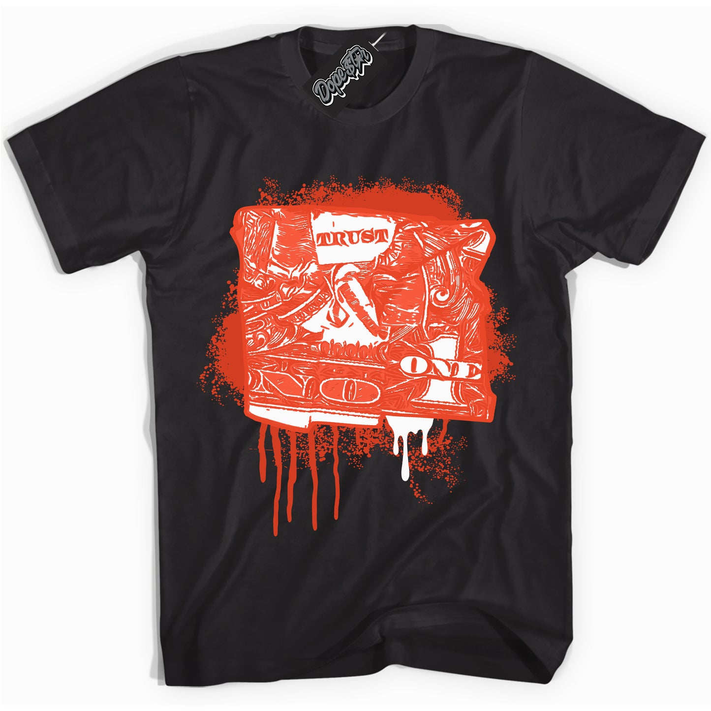 Cool Black Shirt with “Trust No One Dollar” design that perfectly matches Cosmic Clay Dunk.