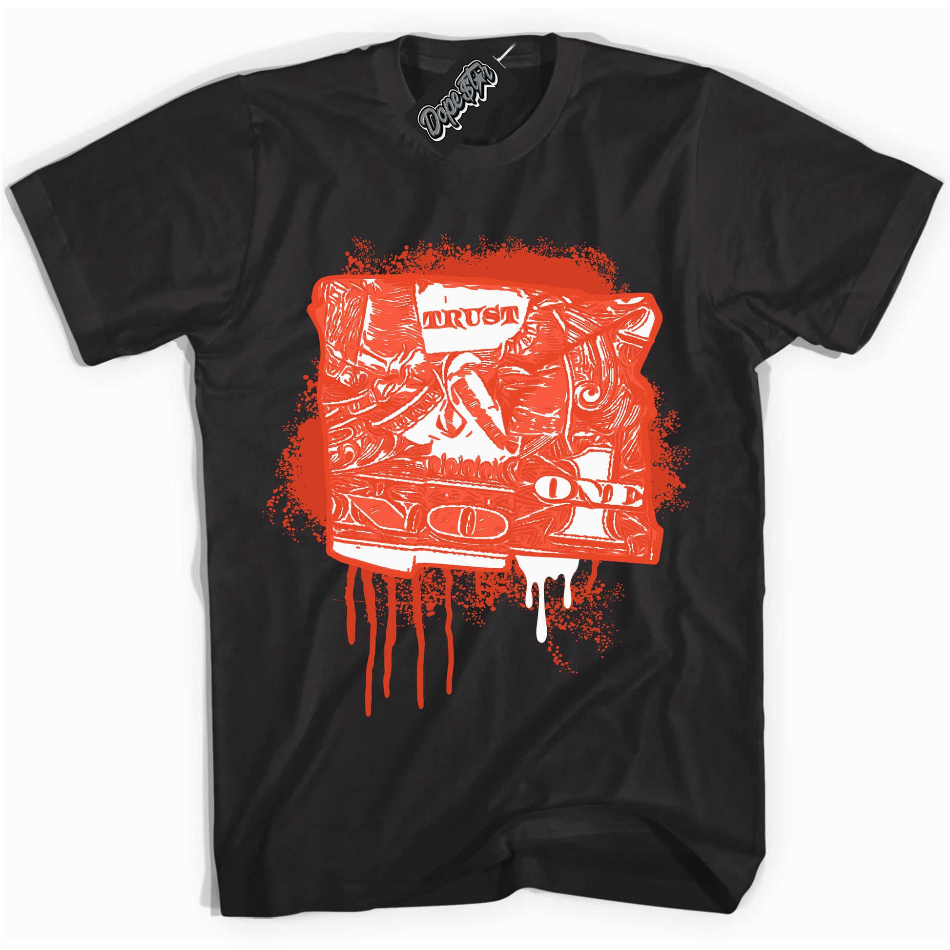 Cool Black Shirt with “Trust No One Dollar” design that perfectly matches Cosmic Clay Dunk.