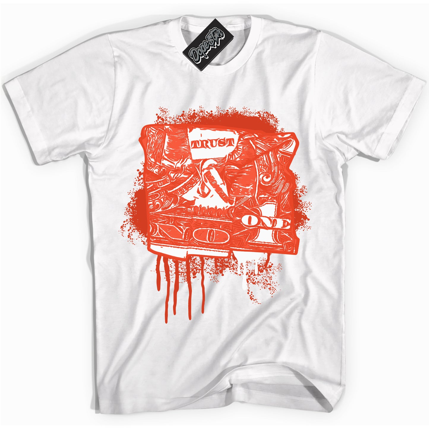Cool White Shirt with “Trust No One Dollar” design that perfectly matches Cosmic Clay Dunk.
