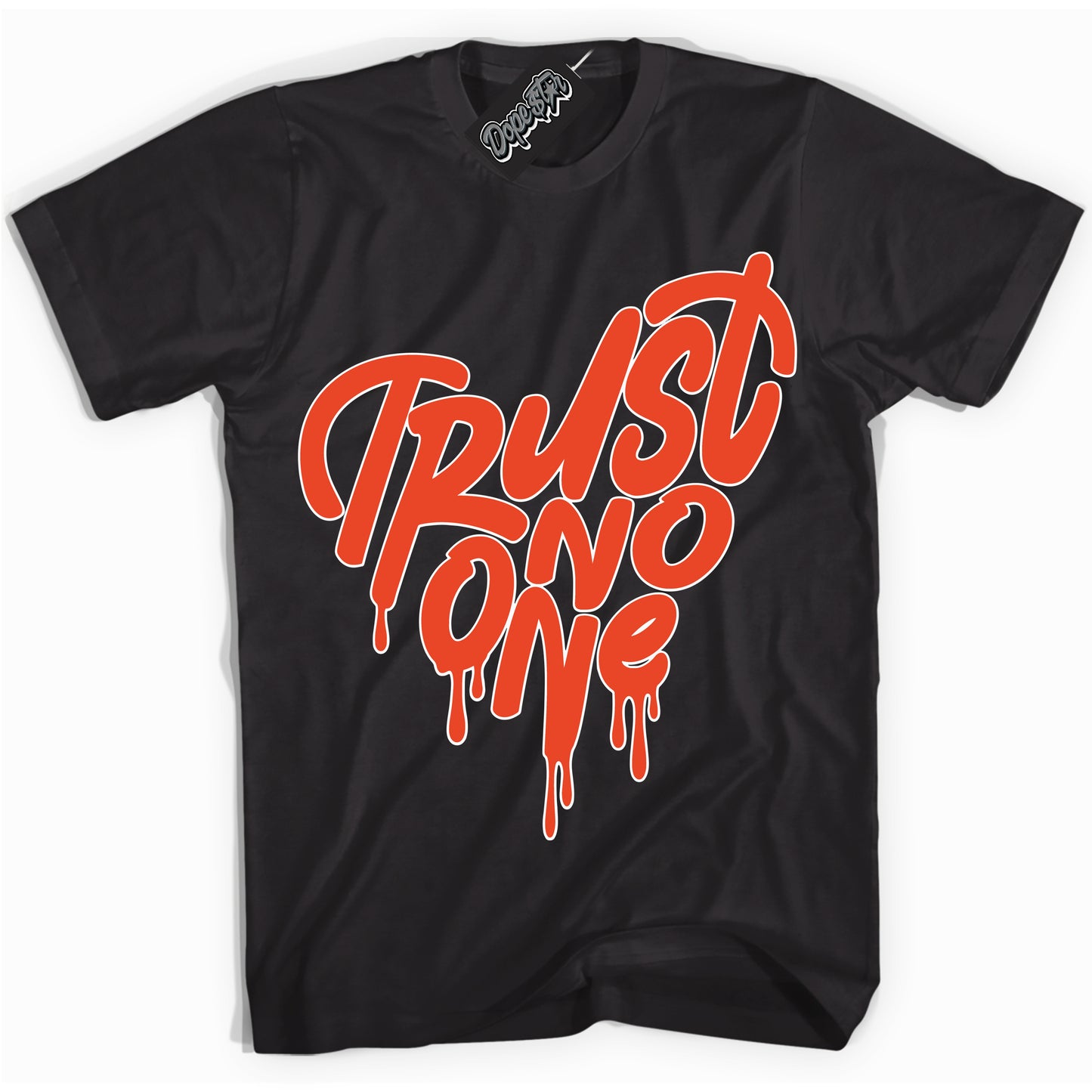Cool Black Shirt with “Trust No One Heart” design that perfectly matches Cosmic Clay Dunk.